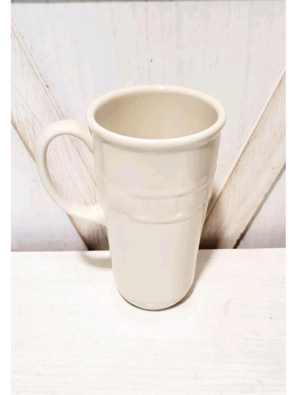 Longaberger Tall 16oz Travel Coffee Tea Mug Ivory 6.5" Pottery Woven Traditions - Picture 2 of 7